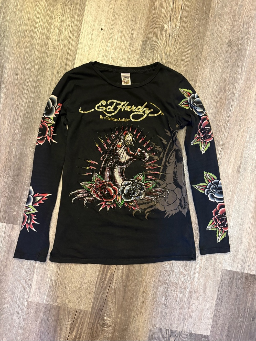 Ed Hardy Black Long Sleeve Floral Rhinestone Graphic Tee